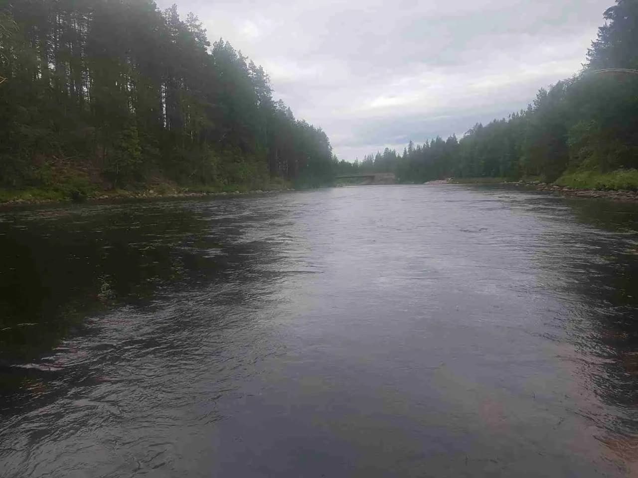 En stilla flod omgiven av grönskande natur på Stöten Camping.