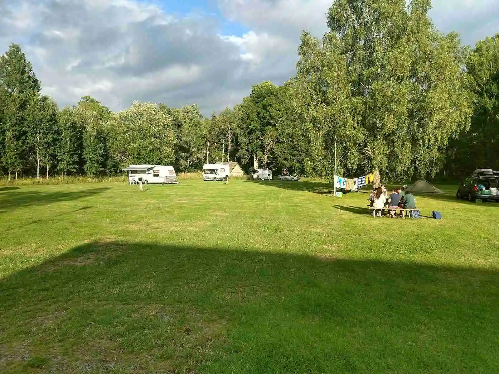 En grönskande campingplats med tält uppställda på gräsbevuxna ytor omgivna av träd och växter, perfekt för friluftsliv och rekreation i naturen.