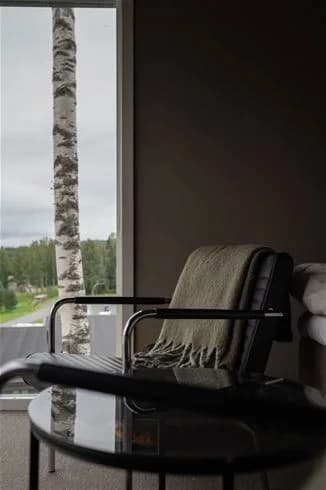 En grå fåtölj med armstöd står på ett trägolv i en inomhusmiljö på Skuleberget Havscamping.