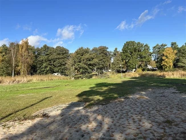 En solig dag på Alholmens camping med grönskande träd och vidsträckt gräsyta under en klarblå himmel.