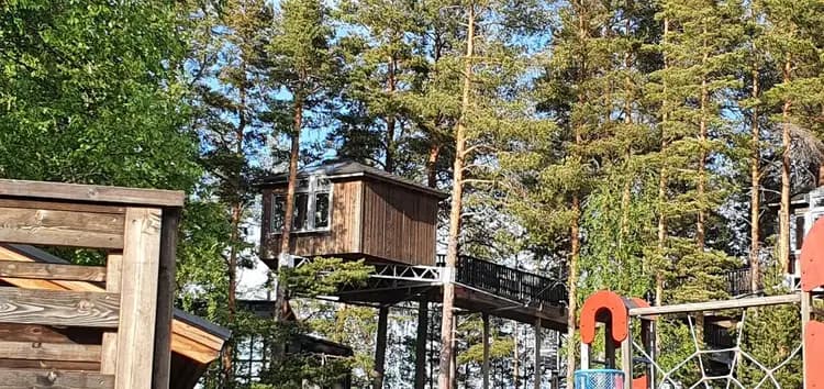 En mysig träkoja uppe bland trädkronorna i en skog, omgiven av höga barrträd, vid Granö Beckasin. Kojorna är delvis byggda i timmer och integrerade med naturen, vilket ger en unik och avkopplande vistelseupplevelse i skogsmiljön.