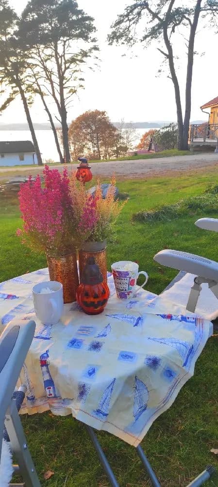 En sommardag vid Stenungsögården med utemöbler uppställda på en skuggig plats. Ett bord täckt med en duk omges av stolar och skapar en inbjudande atmosfär för avkoppling och umgänge utomhus.