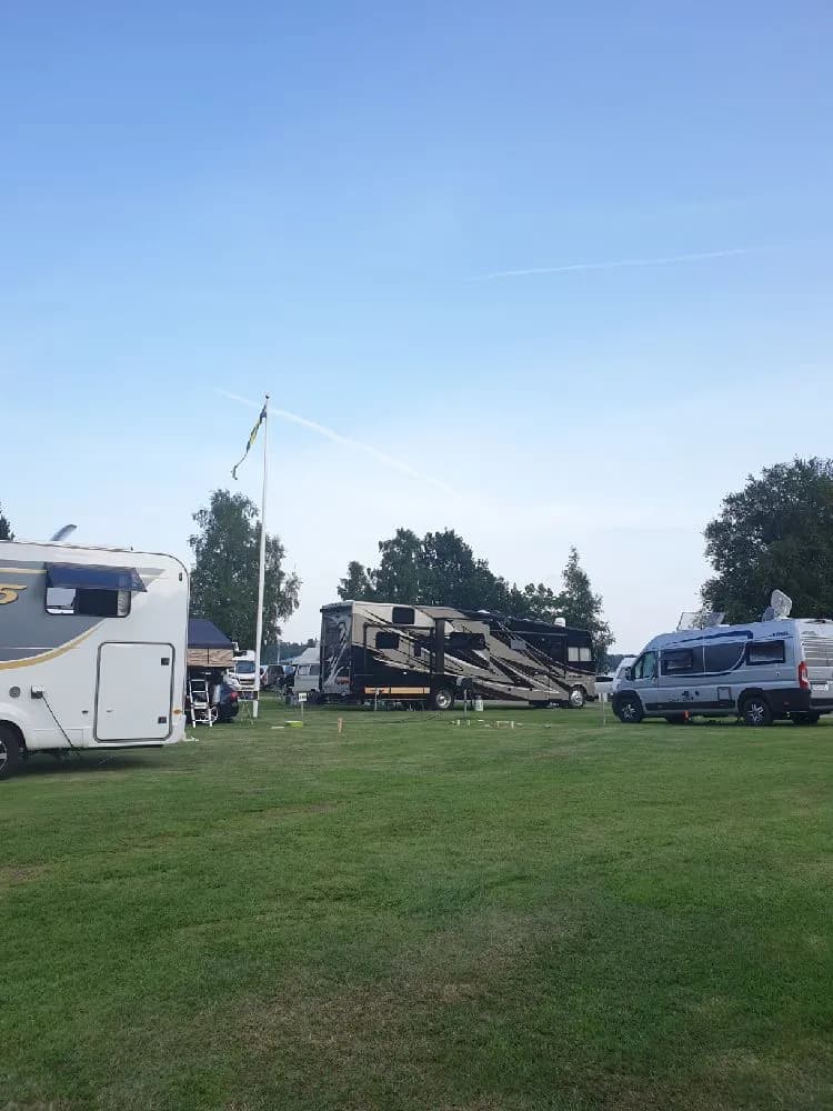 En campingplats med flera husvagnar och husbilar parkerade på gräsmattan, omgivna av gröna träd och en gemytlig parkmiljö.
