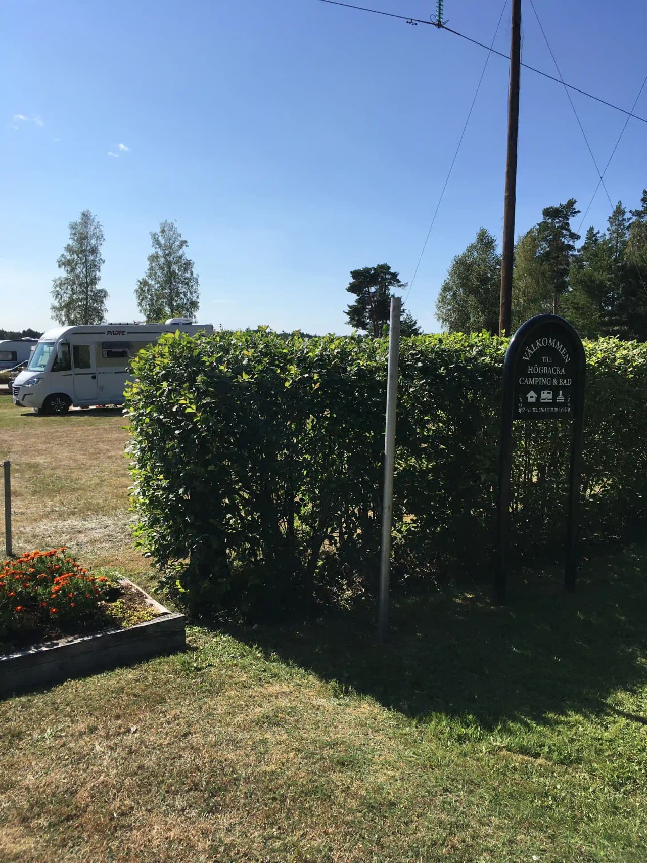 En lummig campingplats vid namn Högbacka Camping med tätt buskage och träd i bakgrunden, samt välskött trädgård och grönområde som skapar en skuggig och avkopplande miljö.