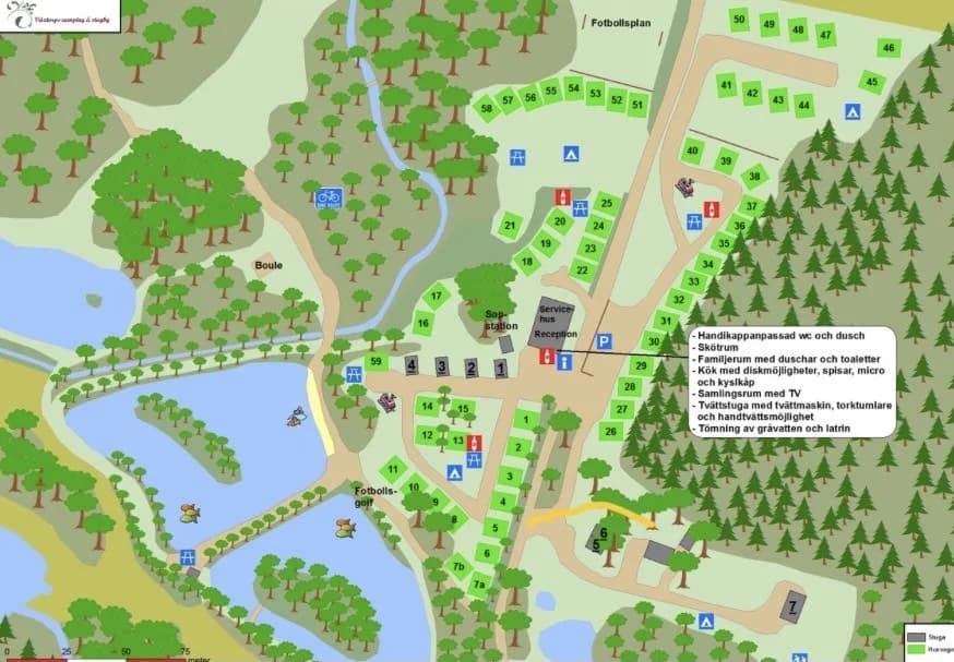 Karta som visar Våxtorps Naturcamping med grönområden och markeringar för stigar och campingplatser.