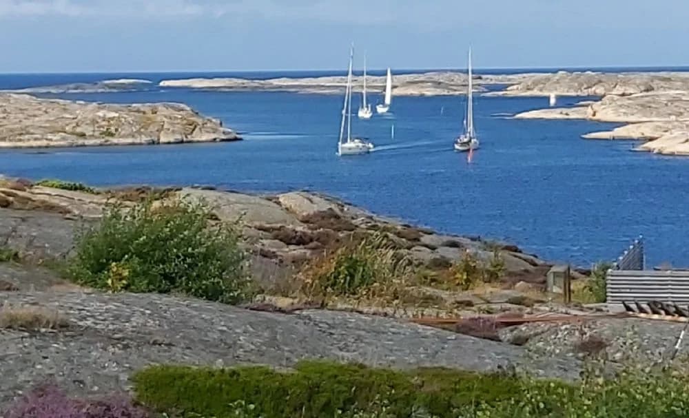 En vy över Sotenäs camping med närliggande sjö och båtar liggandes vid kusten.