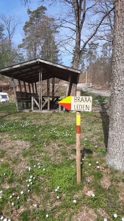 En träskylt markerar ingången till Ljuvadal camping & ställplats, omgiven av gröna träd och en stig som leder in i området.