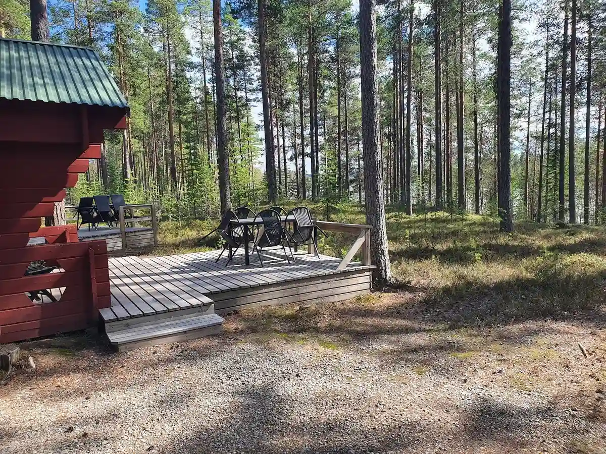 En pittoresk stuga omgiven av tät skog med lummiga träd vid Lapplandsportens camping.