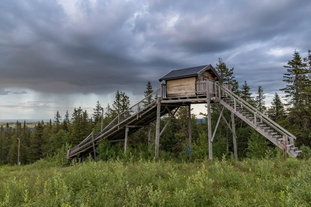 En timmerstuga omgiven av gröna barrträd i ett skogsområde vid Storklinta Skidcenter, med en träbro i förgrunden under en klar himmel.