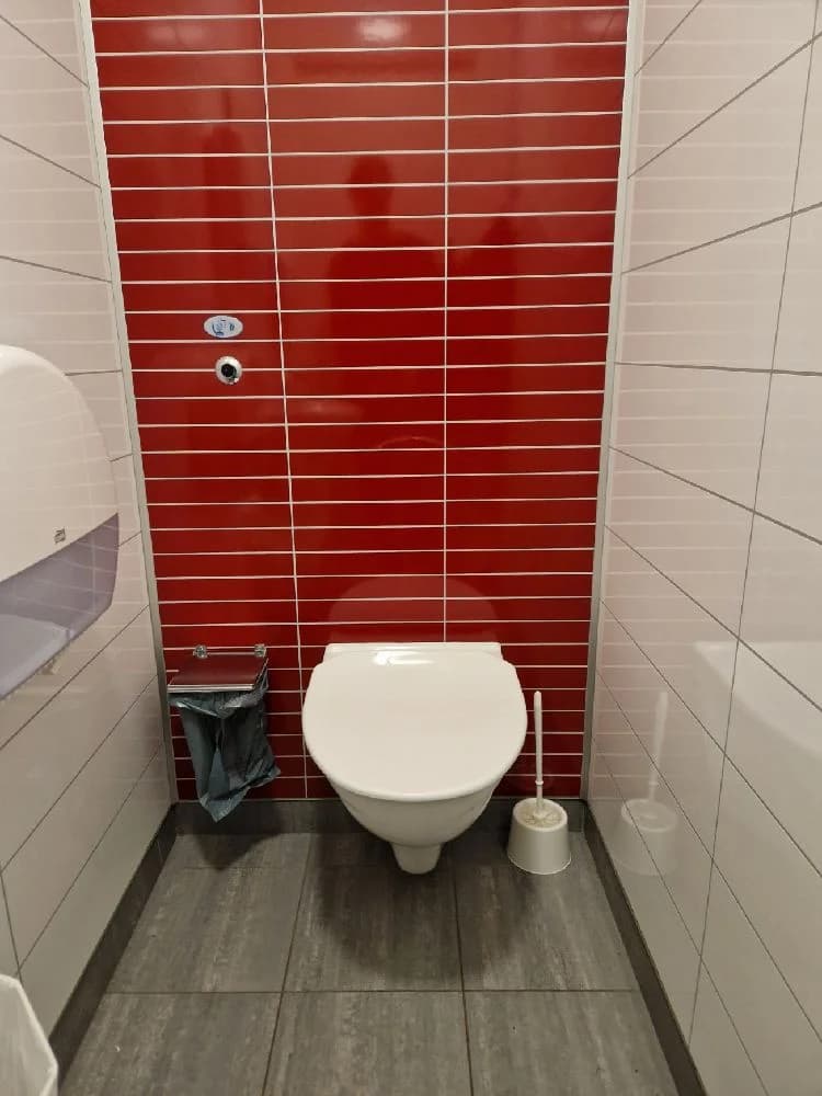 Ett modernt badrum på Isaberg Mountain Resort, med röd detalj och kaklade väggar, inklusive en toalett med öppen sits synlig i förgrunden.