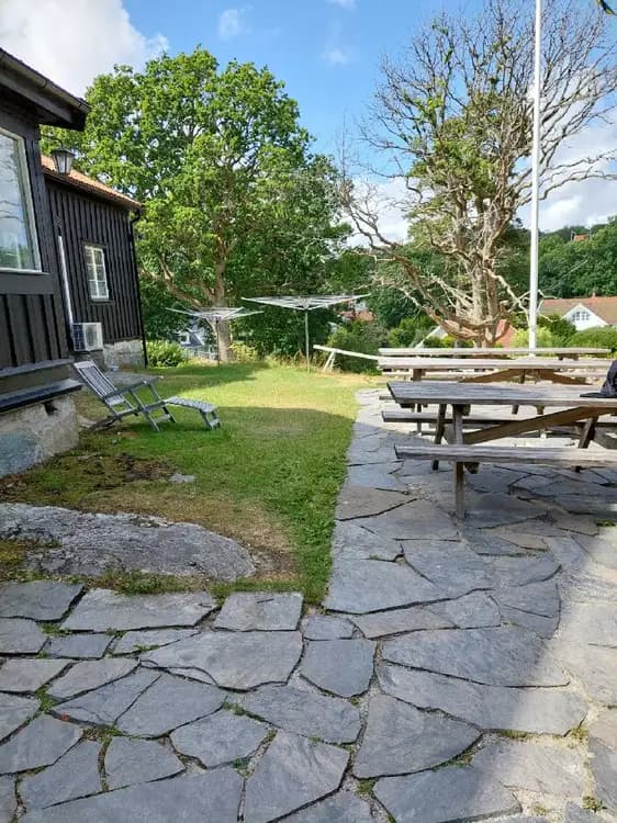 En stenlagd gångväg omgiven av frodig markvegetation i en skuggig trädgård på Stenungsögården.