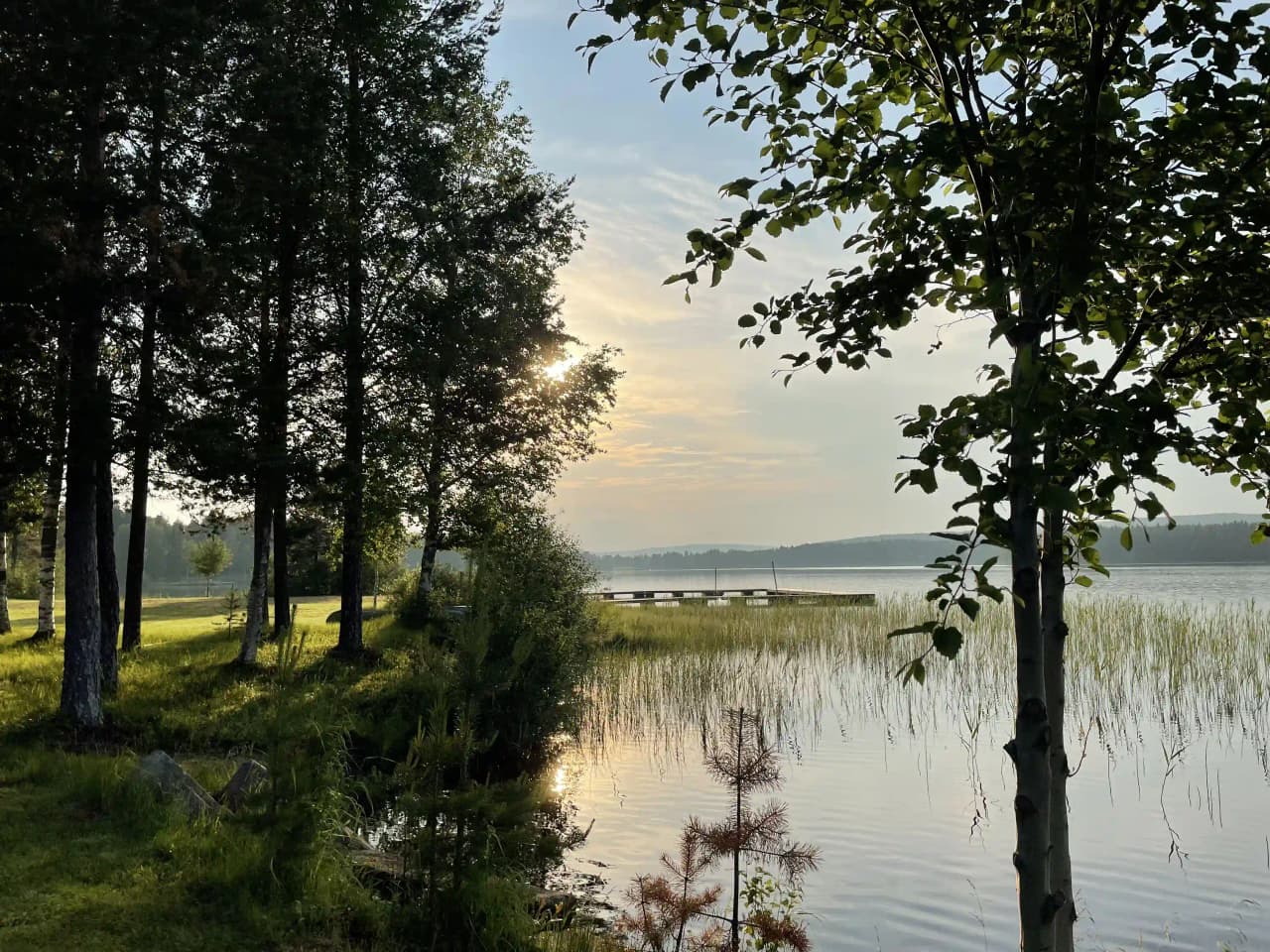 En lugn sjö omgiven av grönskande natur och frodig växtlighet vid Fredrika camping.