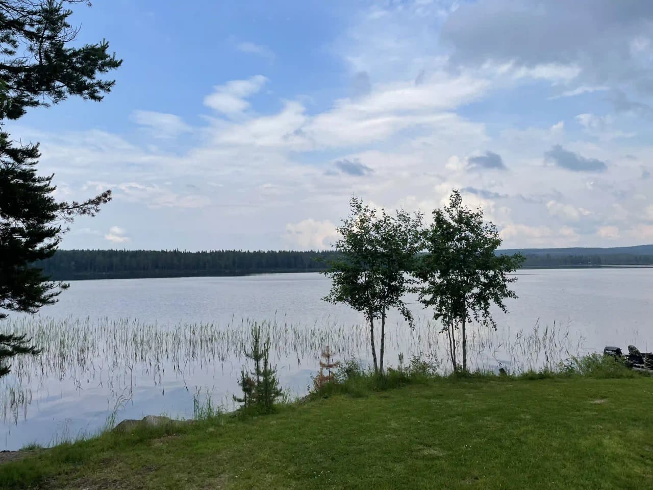 "Bilden visar en sjö vid Fredrika camping med klarblå himmel och vita moln i bakgrunden. Vattnet är omgärdat av grönska och landskapet ger en lugn och fridfull känsla."
