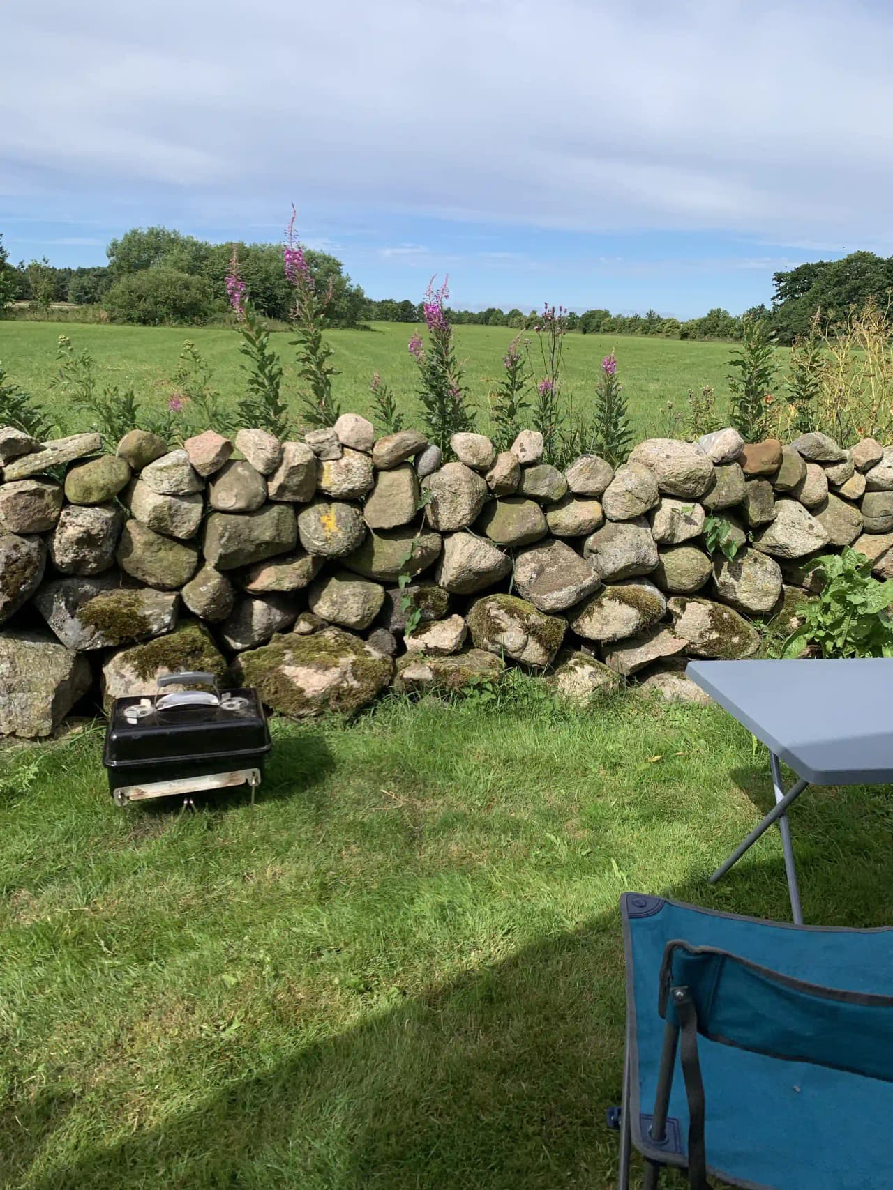 Bild av Björkängs vandrarhem, visar en trädgård med en stenmur och buskar i bakgrunden. Det finns en välskött gräsmatta och ett område med utomhusmöbler, inklusive en bänk för avkoppling.