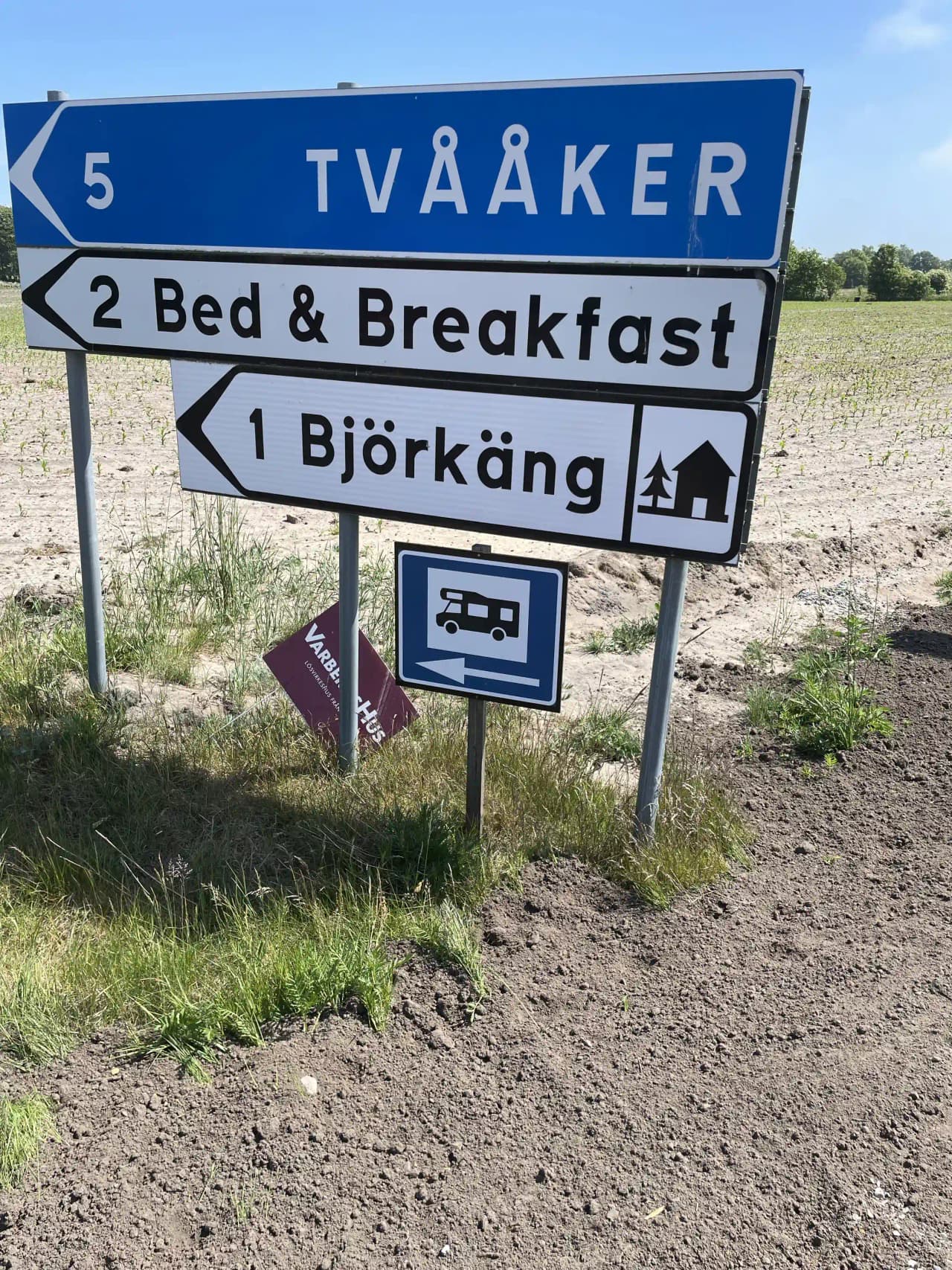Bild av en skylt för Björkängs vandrarhem, med tydlig text i en stil som liknar reklam- och trafikskyltar, placerad i en utomhusmiljö.