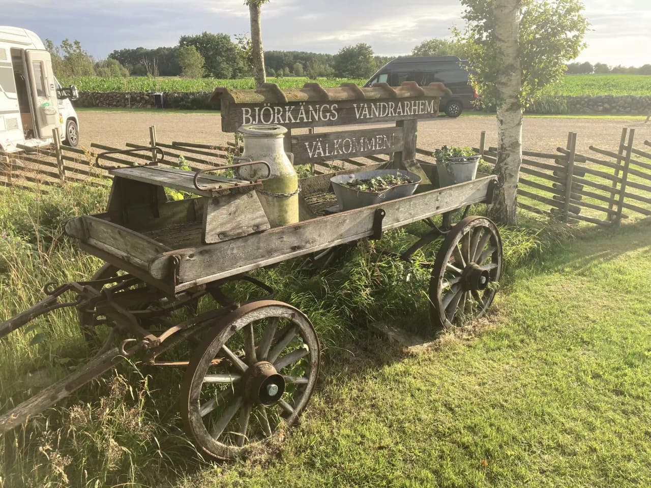 En vintage kärra med hjul och ekrar står på en grön gräsmatta vid Björkängs vandrarhem, omgiven av träd och buskar.
