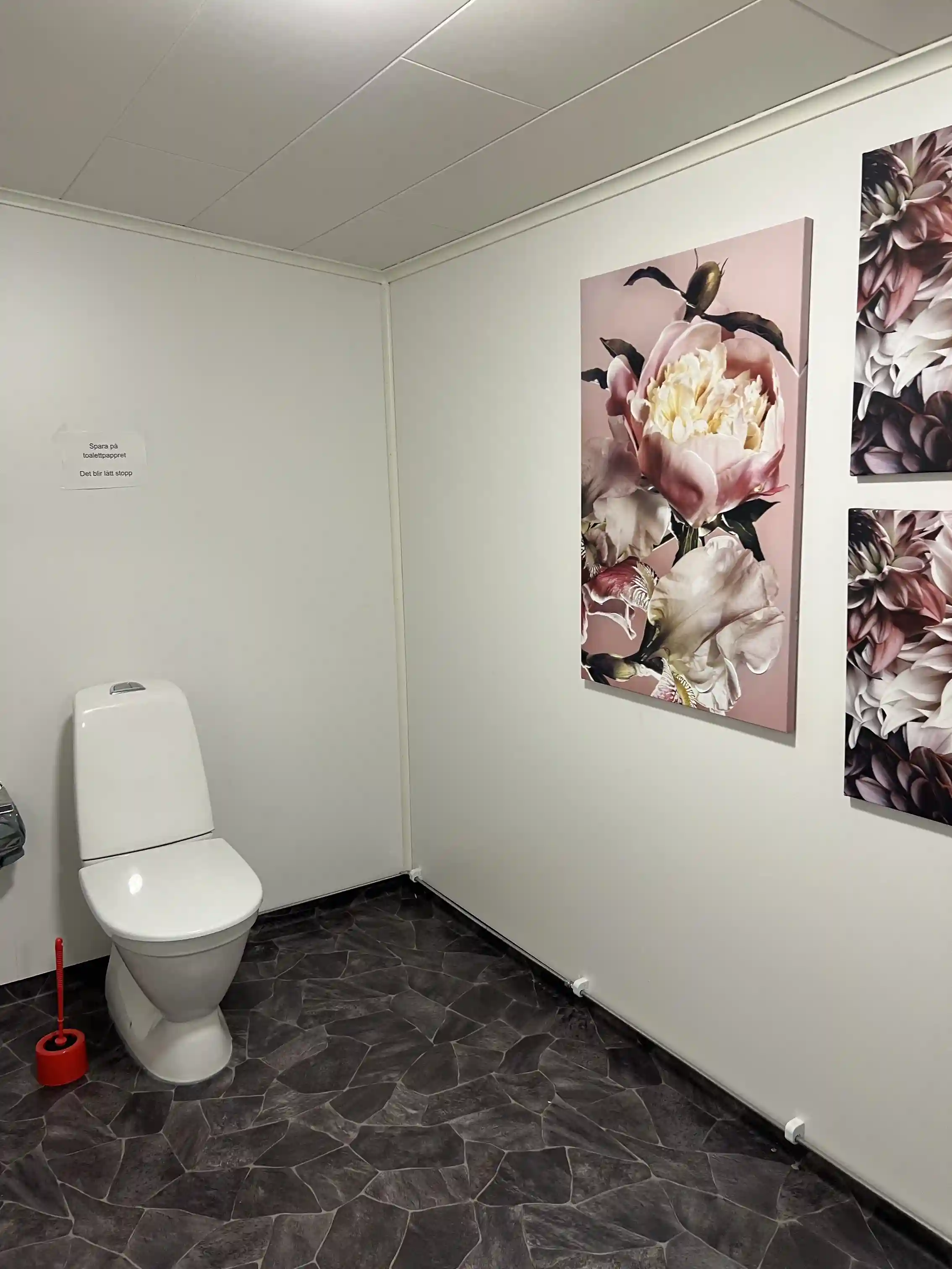 En ren och ljus toalett med vit kakelsättning och trägolv, utrustad med en toalettstol och en ramad bild på väggen. En krukväxt står i hörnet, vilket ger rummet en fräsch känsla.