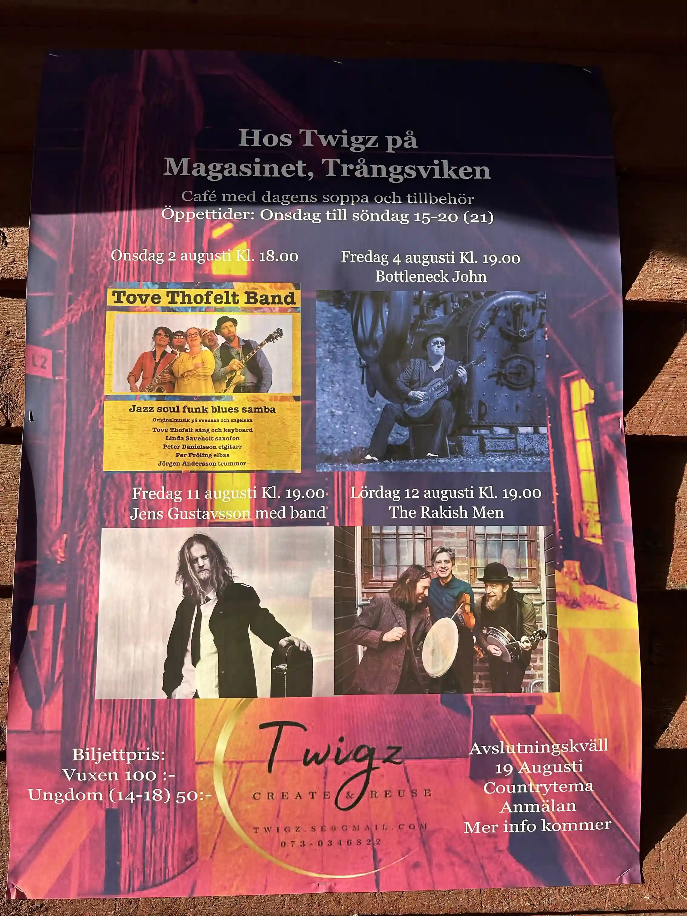 Bild på en affisch för Trångsvikens Bygdegård, med grafisk design som inkluderar ett musikinstrument och färgstarka element.