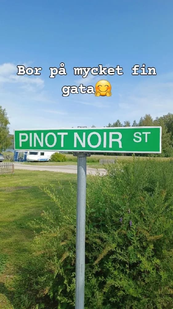 En vägskylt som visar namnet på platsen "Överhörnäs Camping", omgiven av frodig grönska.