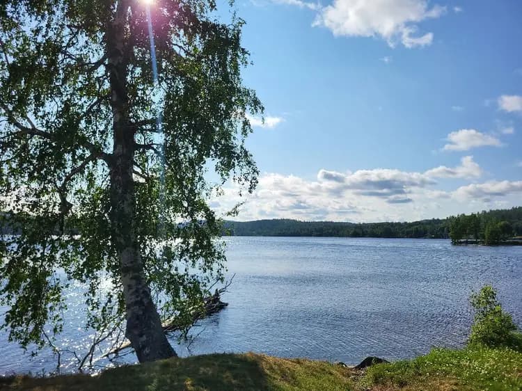 En naturskön vy över Snibbens camping med klarblått vatten som flyter genom landskapet, omgiven av grönskande natur.