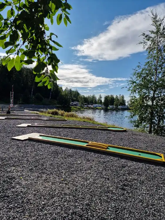En gångväg slingrar sig genom en grön park, omgiven av lummiga träd och grönska, vid Snibbens Camping.