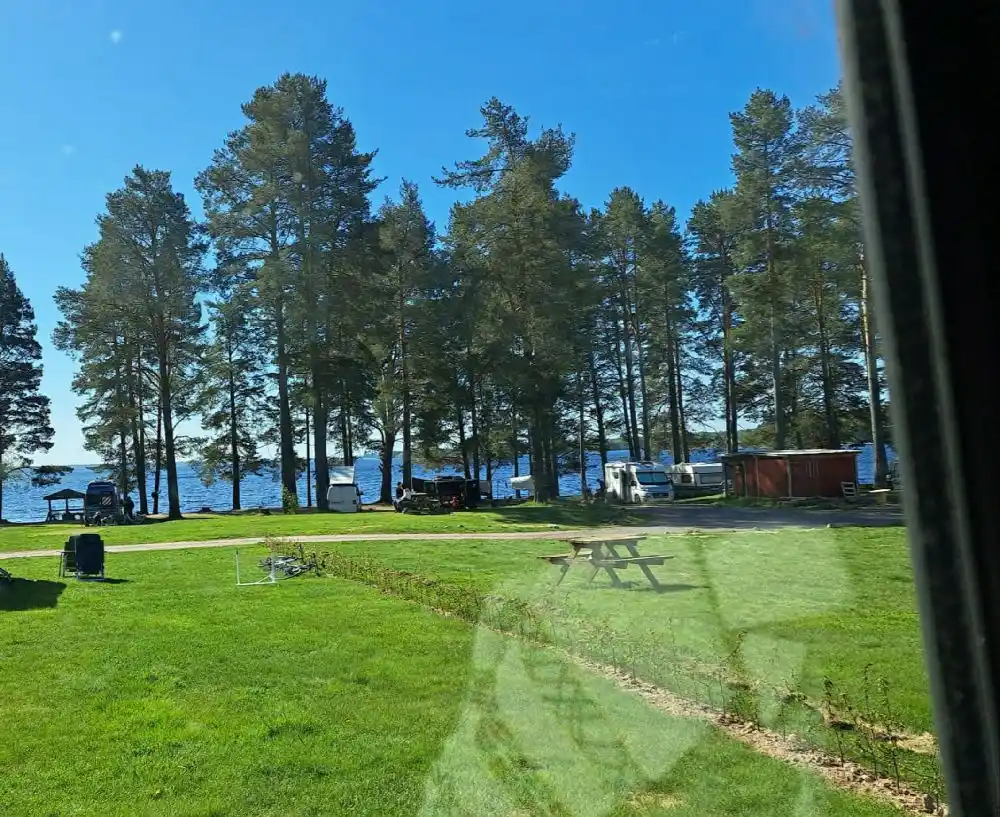 En grönskande campingplats vid vattnet med gräsmattor, trädskugga och utsikt över en sjö eller vik.