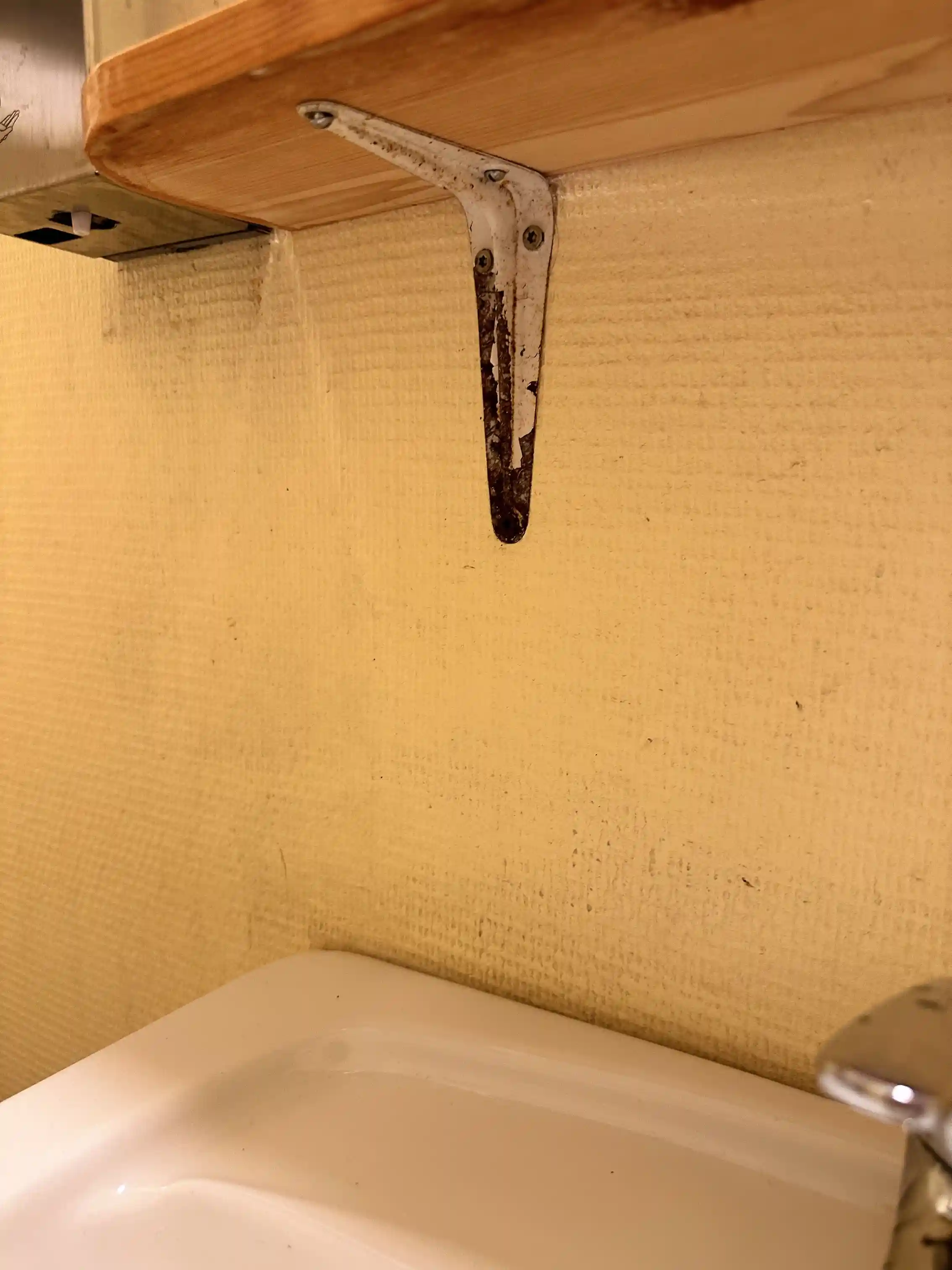 En campingplats med träd och enkla byggnader i plywood, omgiven av natur.