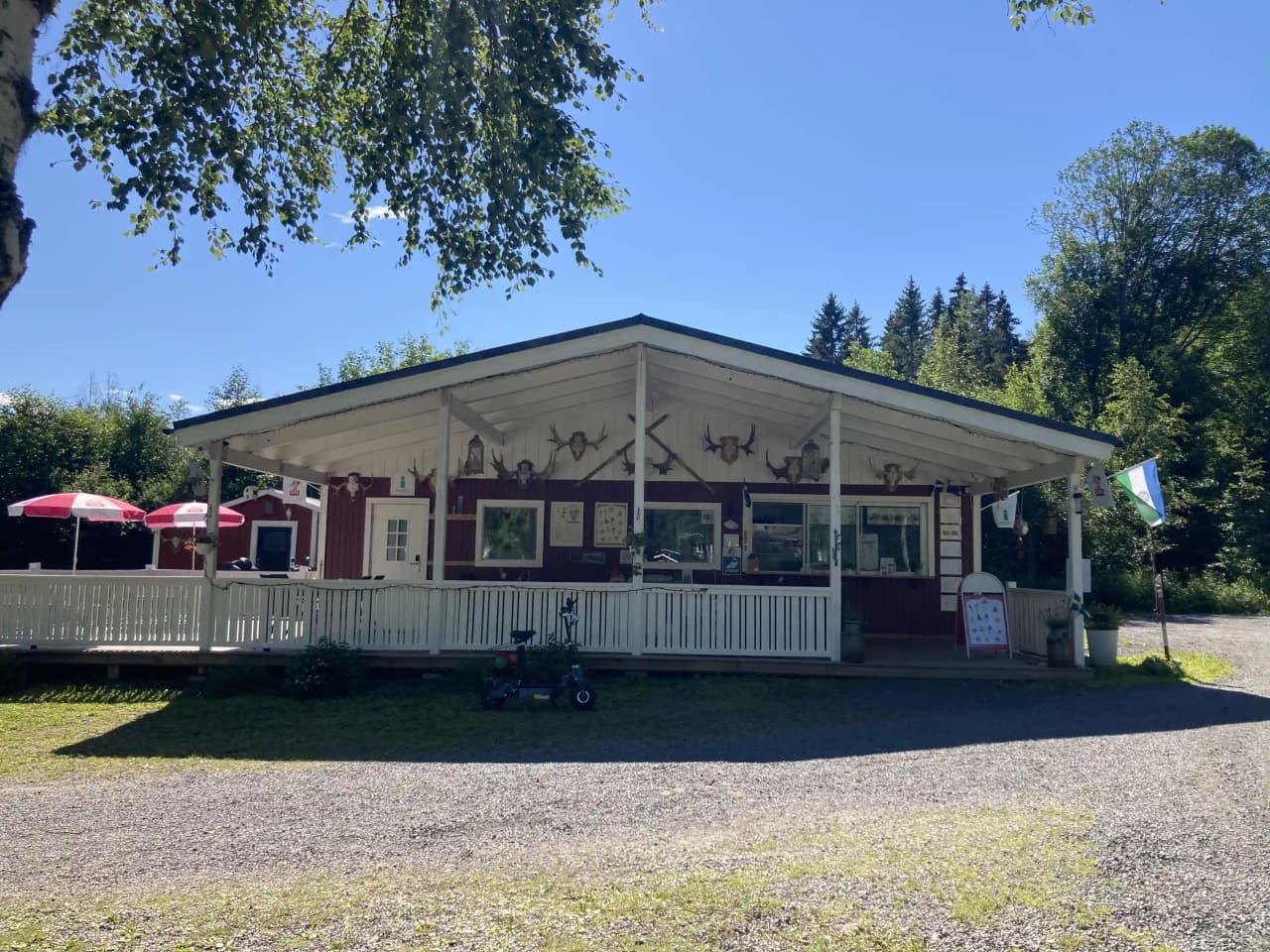 Bild av Hammarstrands camping med en stuga omgiven av gröna träd och en välskött gräsmatta. En veranda sträcker sig från stugan och en mindre vägbana leder fram till området. Skugga från träden ger en avkopplande atmosfär under en solig dag.