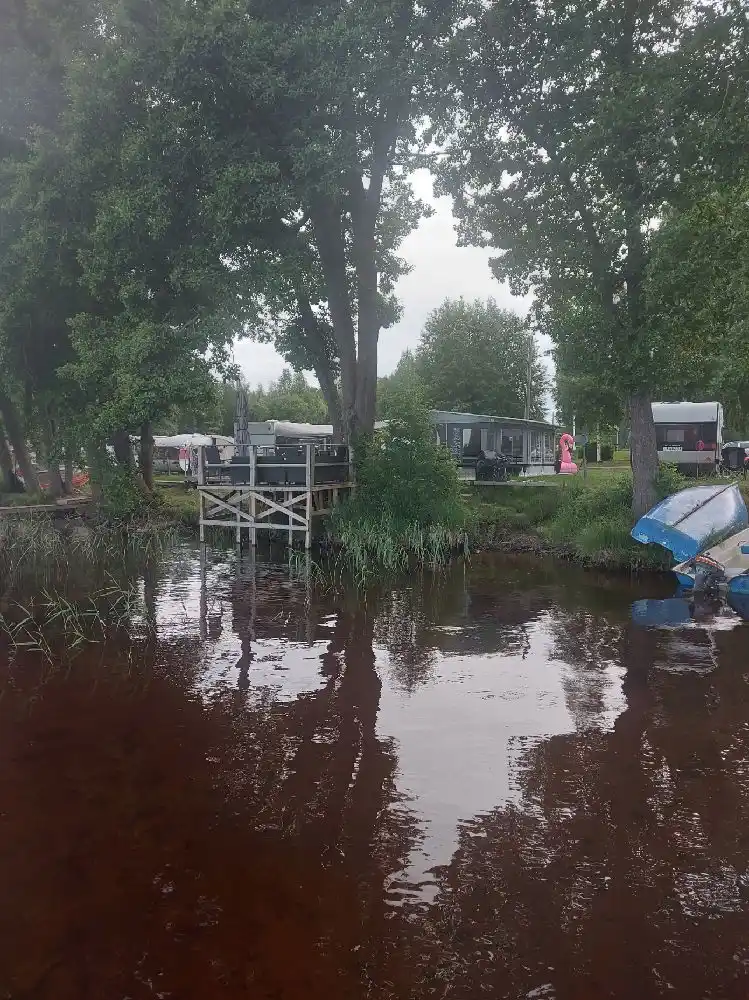En stillsam vattenyta omgiven av grönskande våtmarker, med reflektioner av omgivande träd och himmel. En smal kanal löper genom området, vilket ger en känsla av fridfull natur vid Horndals Bad & Camping.