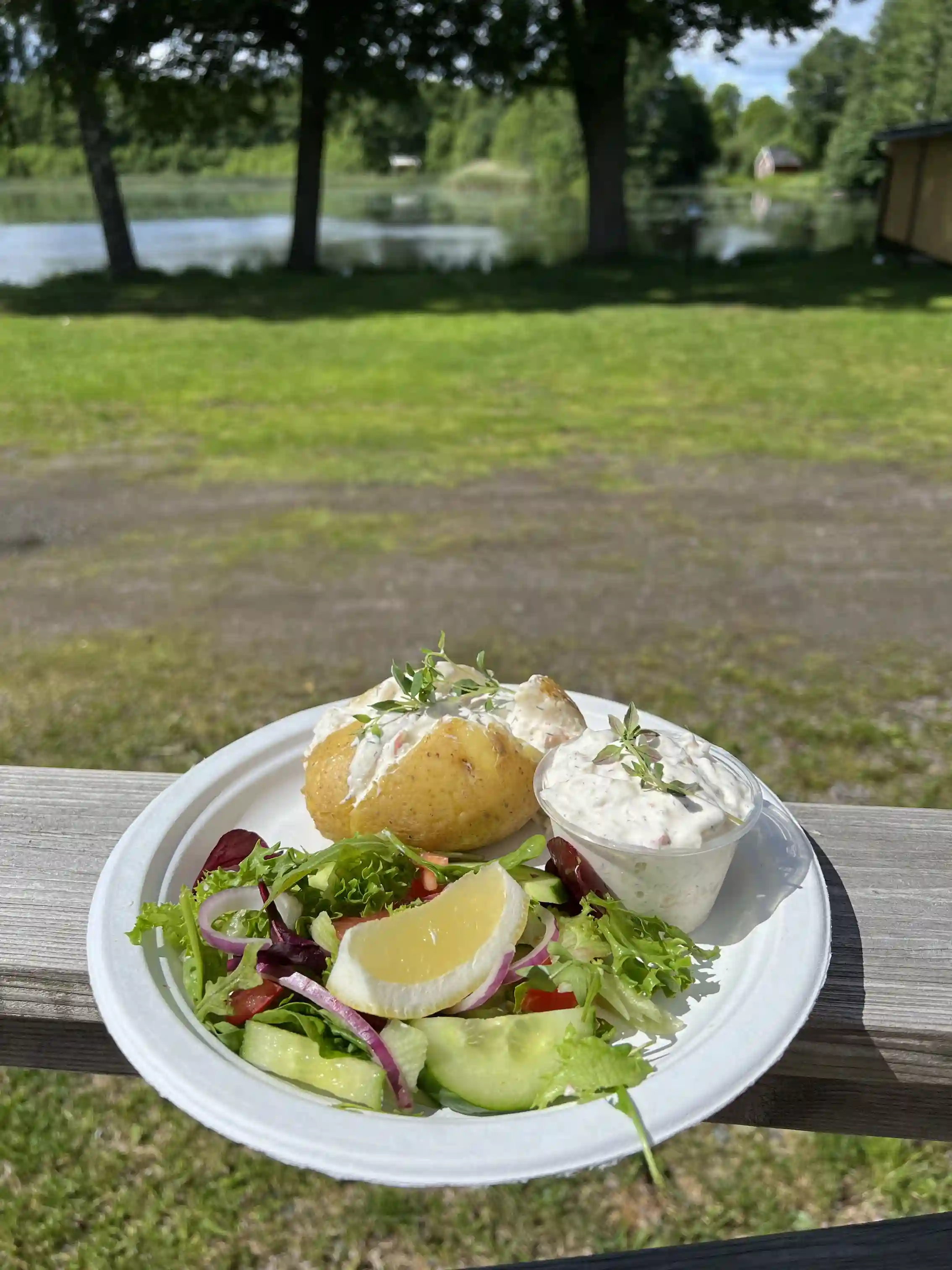 En uppdukad campingmåltid på ett bord, med färska grönsaker, bestick och tallrikar.