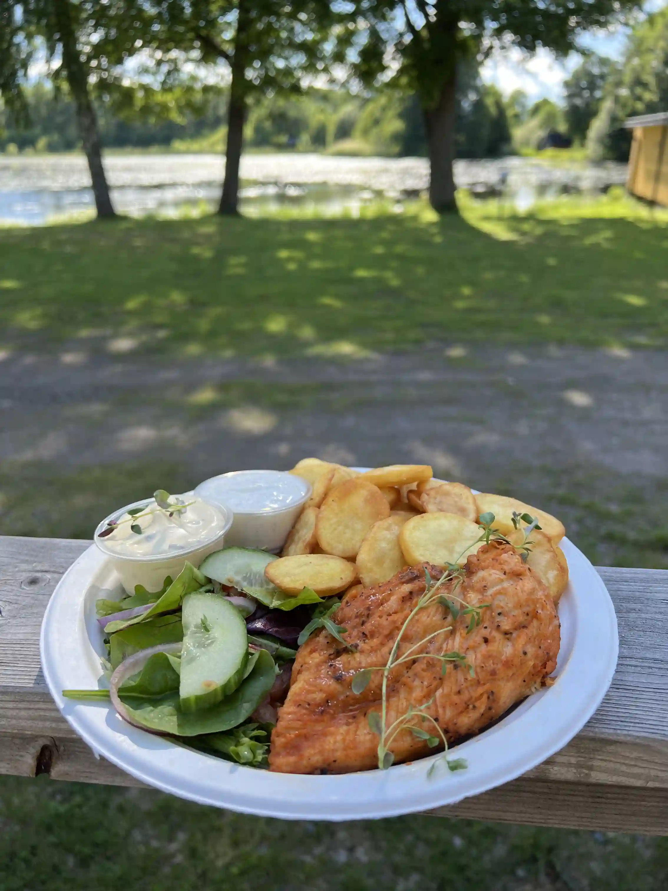 En närbild av en färgglad sallad serverad på en vit tallrik, med olika grönsaker, krispiga detaljer och en klick dressing. Tallriken står på ett träbord, vilket ger en inbjudande känsla av utomhusmåltid.