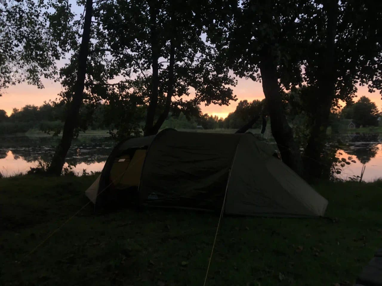 En grönskande campingplats med tält uppställda bland träd och växtlighet, belägen nära ett naturreservat på Simbadets Camping.