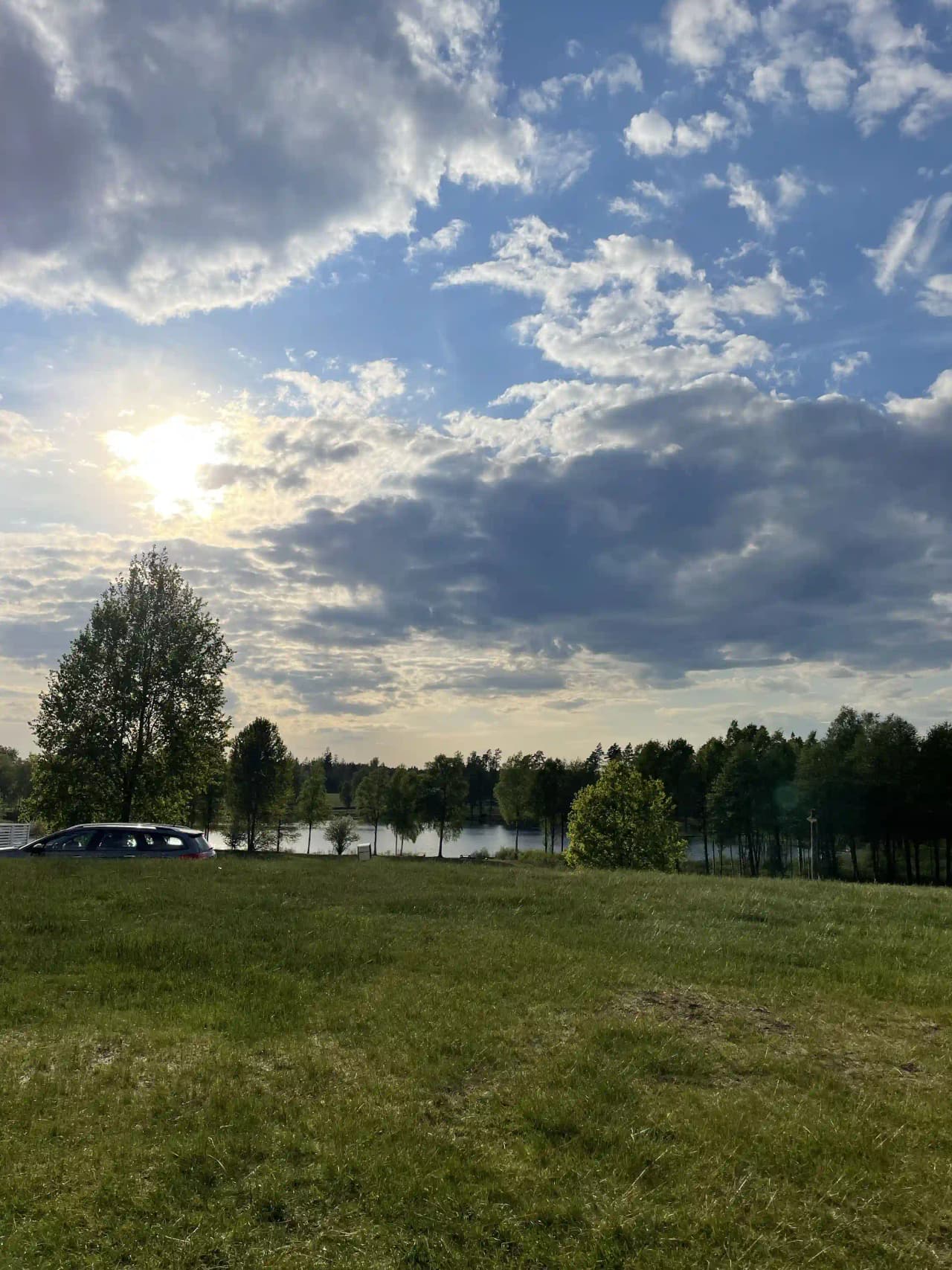 Grönskande äng med gräs under en blå himmel med vita moln vid Påarps gård.