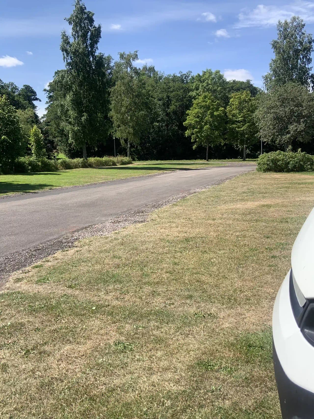En bil parkerad på en gräsmatta vid Tidaholms camping, omgiven av andra parkerade fordon.