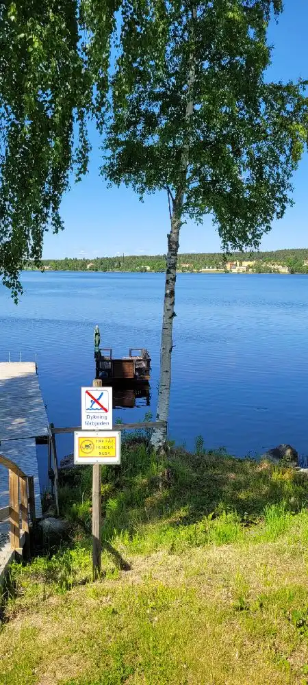 En somrig bild av en sjö med blått vatten, omgiven av grönskande natur vid Säters camping.