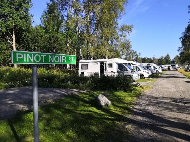 En campingplats med träd i bakgrunden, parkerade husbilar och husvagnar, samt en lastbil och en skåpbil synliga.