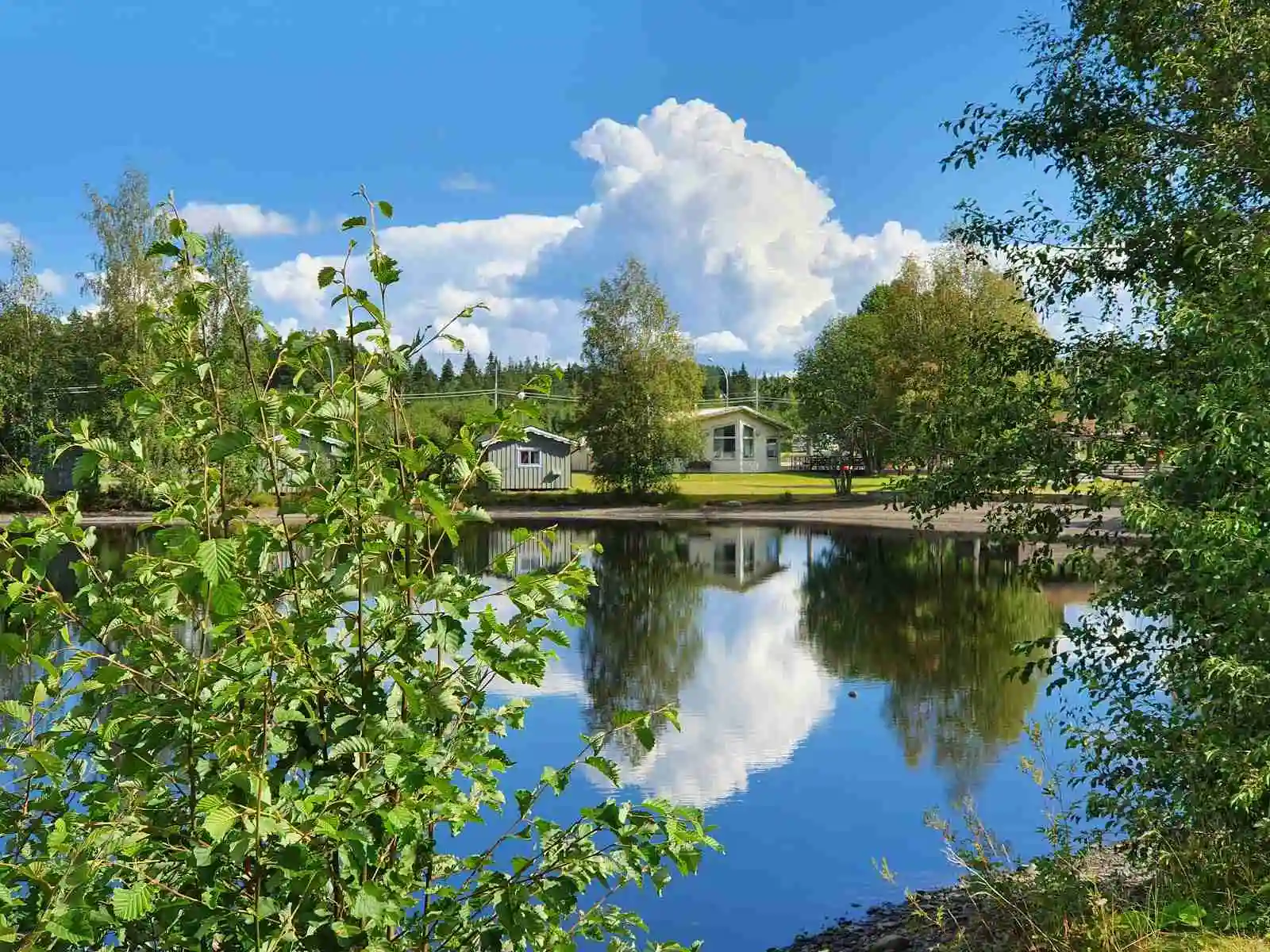 En lugn sjö med omgivande grönska vid Krokomvikens camping, träd kantar vattnet som reflekterar himlen och skapar en naturskön miljö.