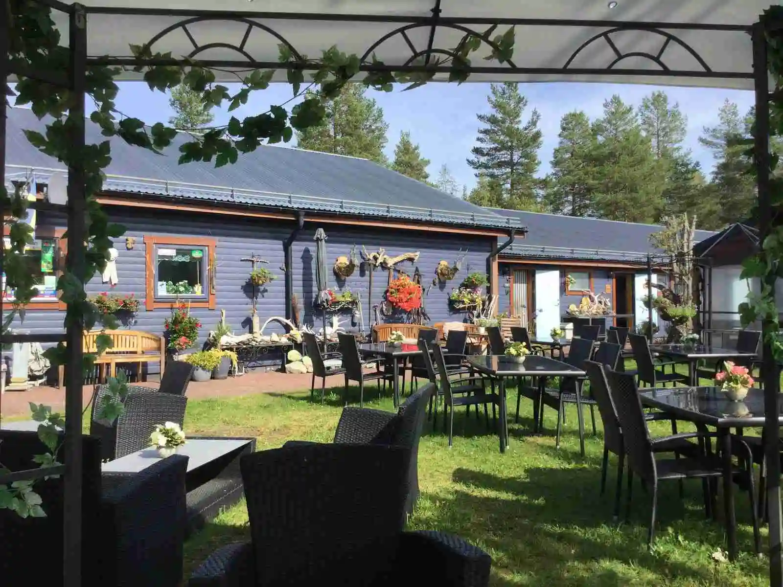 En pittoresk trädgårdsoas utanför en stuga på Sörälvens fiske camping & stugby, med blomkrukor och utemöbler som inbjuder till avkoppling i skuggan.