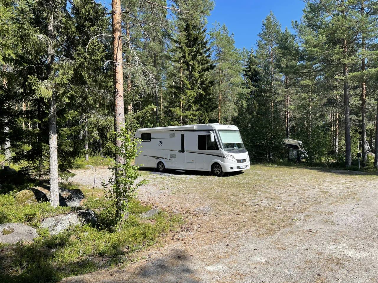 En husvagn står uppställd i en skogsdunge omgiven av barrträd vid Skärså camping.
