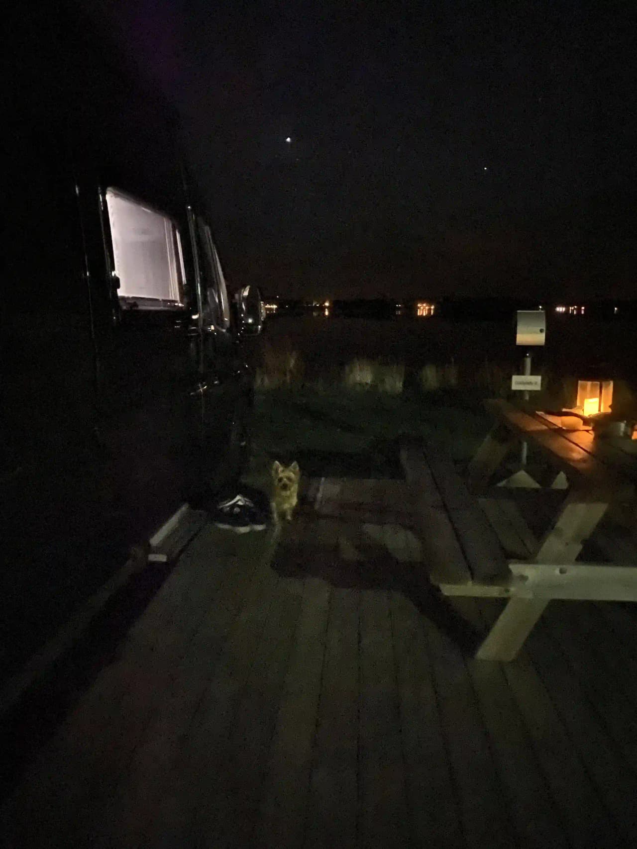 En stilla nattvy över Arvika småbåtshamn med båtar förtöjda vid bryggorna, omgivna av mörkret och svagt upplysta av några lanternor. En lugn kvällsstämning råder över hamnen.