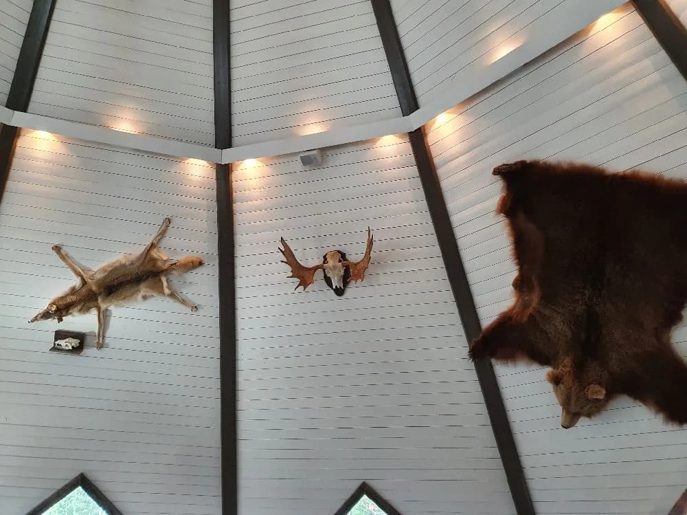 En naturskön campingplats vid Storuman, med naturliga material och stämningsfull belysning som skapar en trivsam atmosfär.