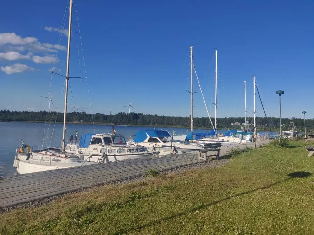Bild av Sikeå Havscamping visar en småbåtshamn med flera segelbåtar och båtar förtöjda vid bryggor. Mastarna reser sig i bakgrunden och speglas mot det stilla vattnet under en klar himmel.