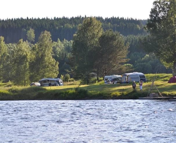 En naturskön campingplats med gröna växter vid en lugn sjö eller flod, omgiven av skog och natur, perfekt för utomhusaktiviteter och avkoppling.