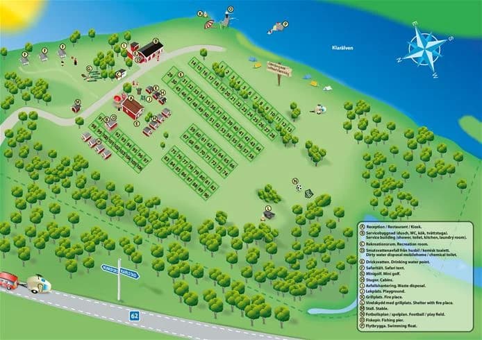 Flygbild över Storängens Camping, Stugor & Outdoor, som visar anläggningens läge vid en vik omgiven av grönska. Campingen är belägen i ett rekreationsområde med stugor och öppna ytor, med nära till natur och vatten.