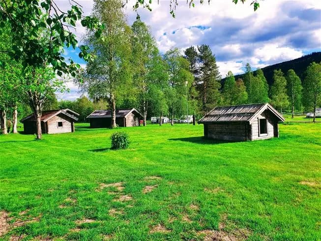 En grönskande äng med höga träd omger en stuga i Sysslebäcks stugby & fiskecamping, belägen i ett naturskönt landskap.