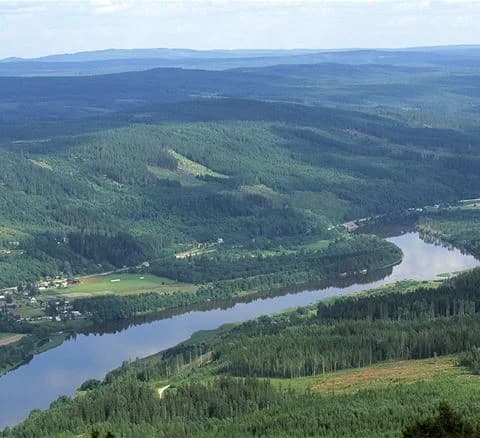 En naturskön vy över Klarälvens camping med floden som slingrar sig genom den omgivande skogen och vildmarken.