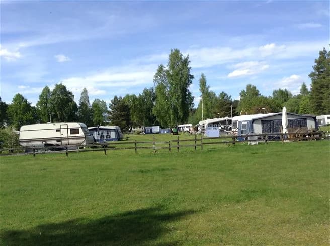 En grön campingplats i Malexander med frodigt gräs, omgivande träd och öppna fält. En husbil syns i bakgrunden på det vidsträckta grönområdet.