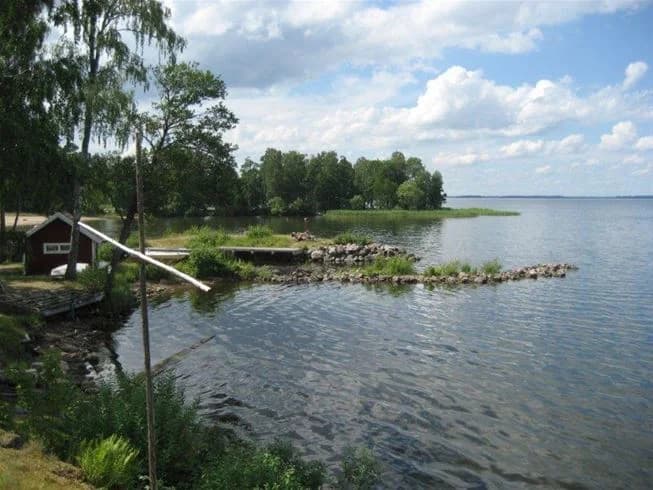 En naturskön vy över en sjö med frodiga växter och träd längs strandkanten, under en lätt molnig himmel. Perfekt för naturupplevelser och avkoppling vid vattnet.