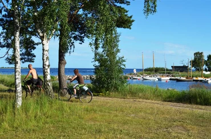 En somrig dag vid Dalskärs camping med en cykel stående på en gräsbevuxen äng med utsikt över kusten.