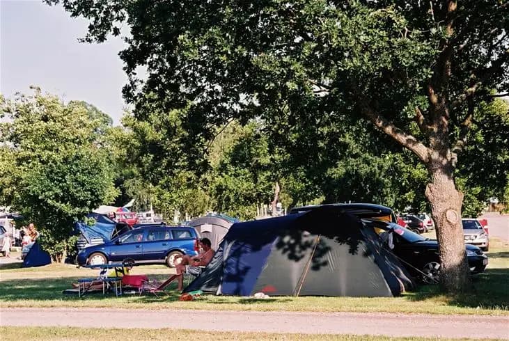 En campingplats vid Saxnäs med bilar parkerade intill tält under trädens skugga. En familjebil och en lyxbil står i närheten, vilket visar på en aktiv och avkopplande friluftsmiljö.